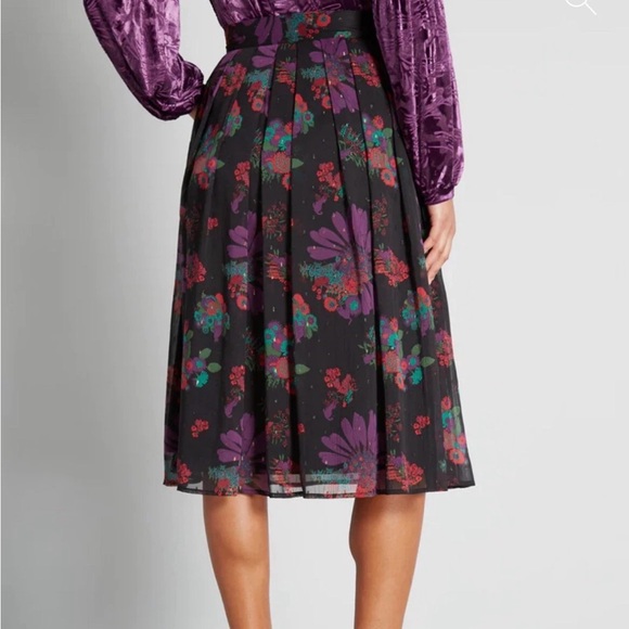 Modcloth Meow Bouquet Pleated Chiffon Midi Skirt Black Floral Button Front 18W - Picture 2 of 13